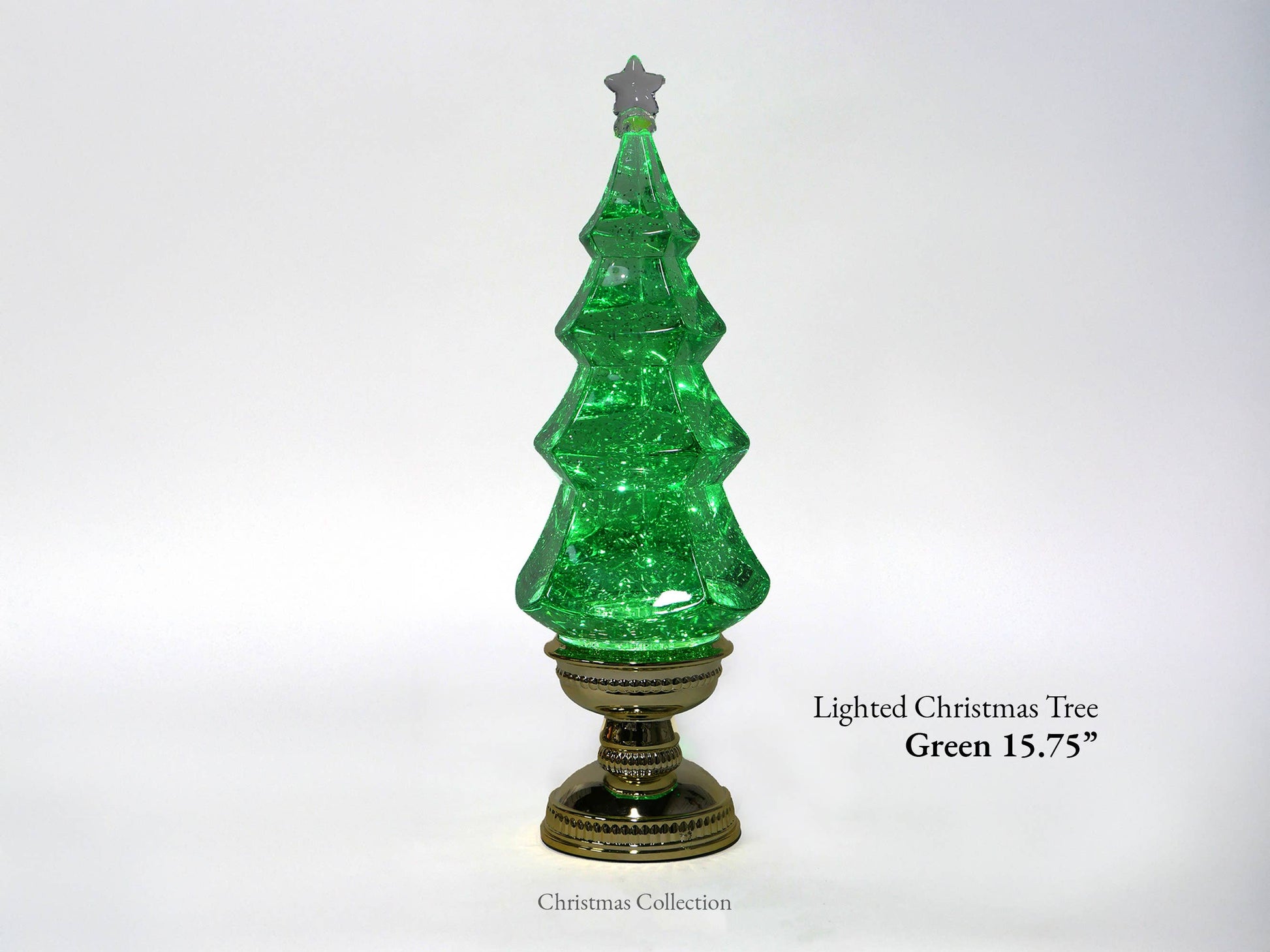 A green glittery water lantern Christmas tree on a decorative gold-colored base, shown against a white background with text overlay indicating 'Lighted Christmas Tree Green 15.75"'.