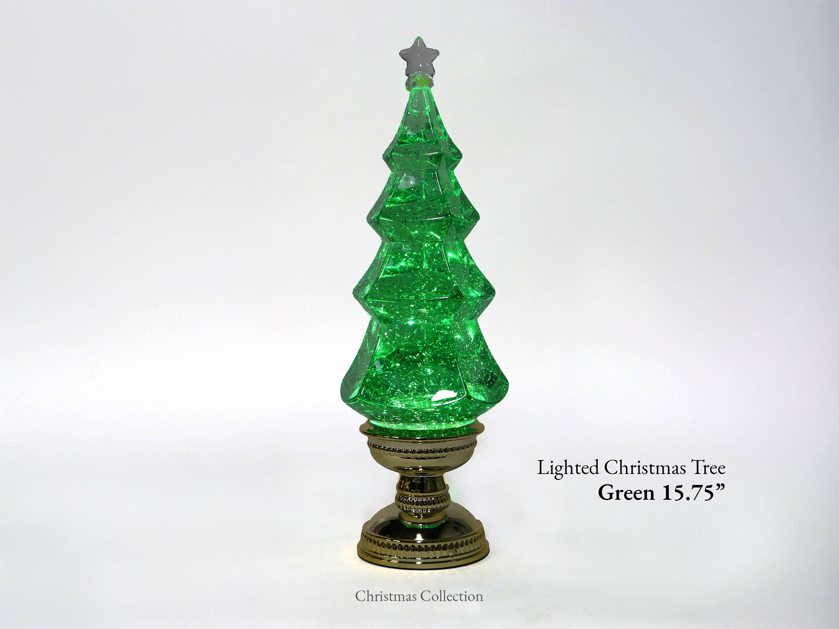 A green glittery water lantern Christmas tree on a decorative gold-colored base, shown against a white background with text overlay indicating 'Lighted Christmas Tree Green 15.75"'.