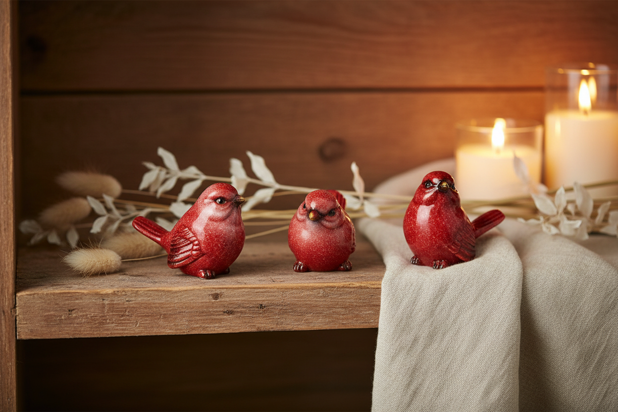 Small Ceramic Cardinal Birds on a shelf with soft candle light Lifestyle