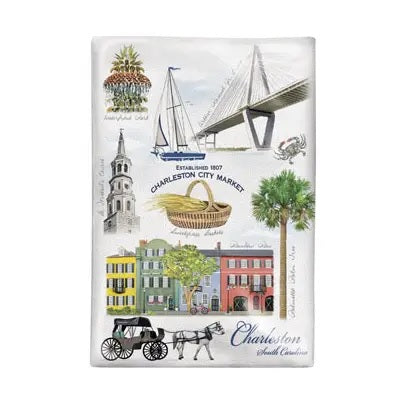 Tea Towel with illustrations of Charleston landmarks on a white background