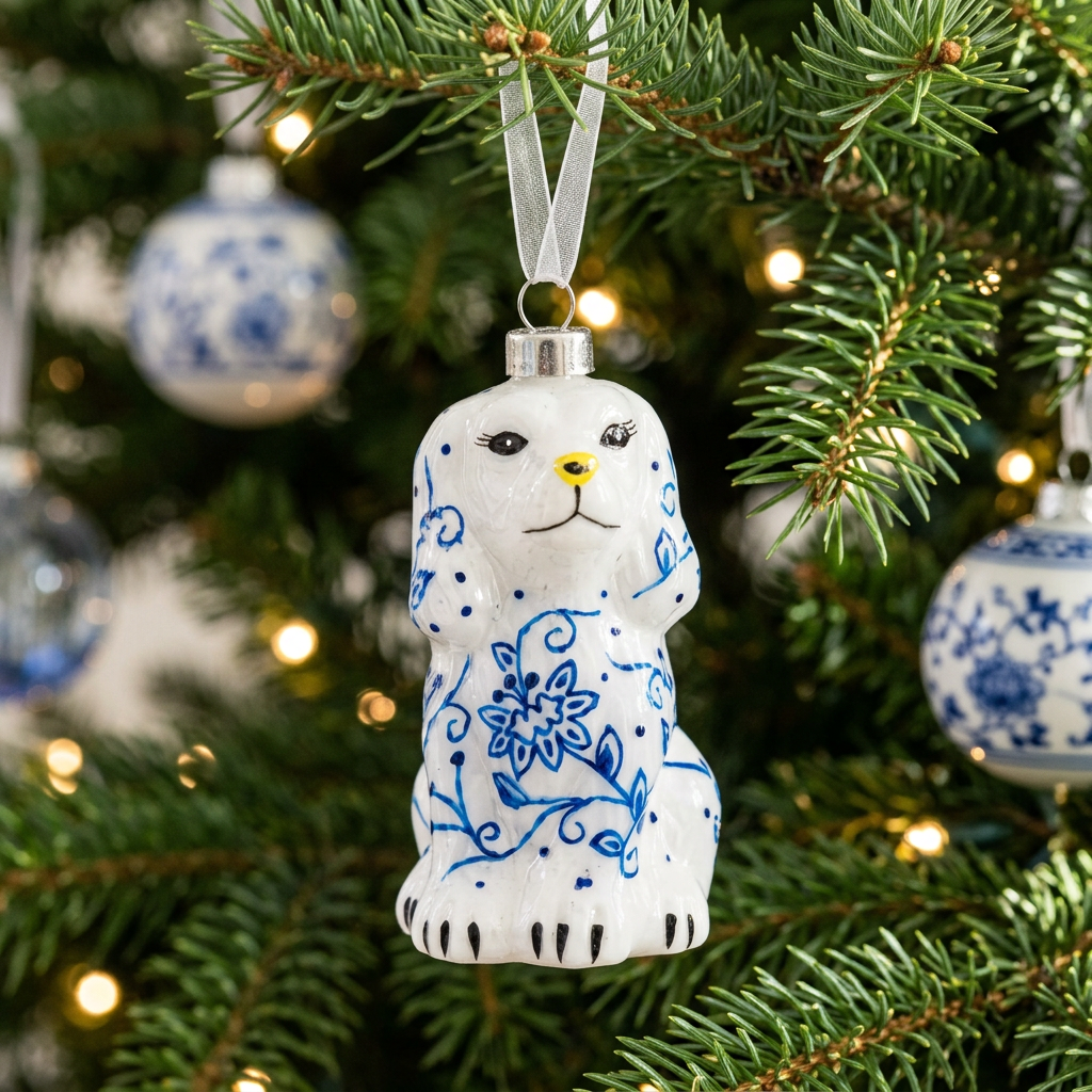 Chinoiserie dog ornament on a Christmas tree