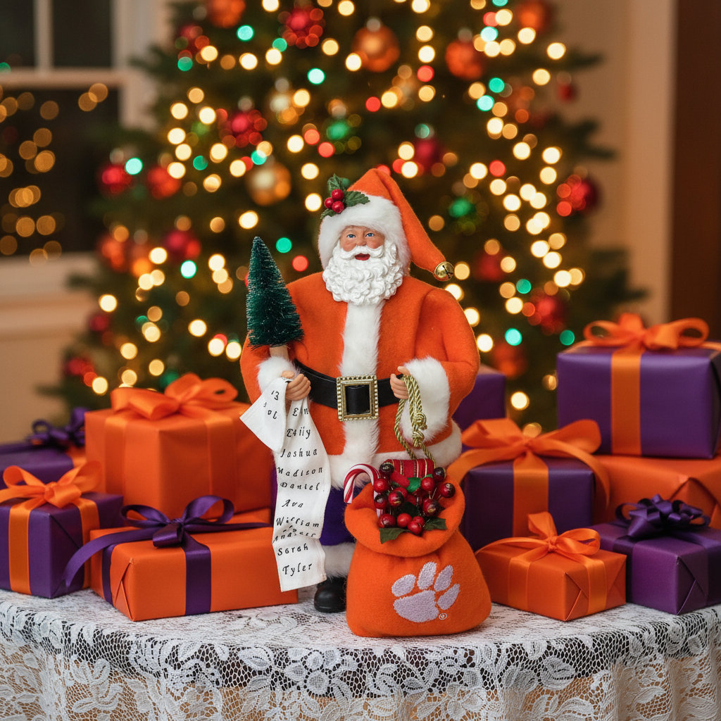 Clemson Santa in orange santa suit with oy bag with tiger paw on it, standing in the midst of orange and purple wrapped gifts with a christmas tree in the background