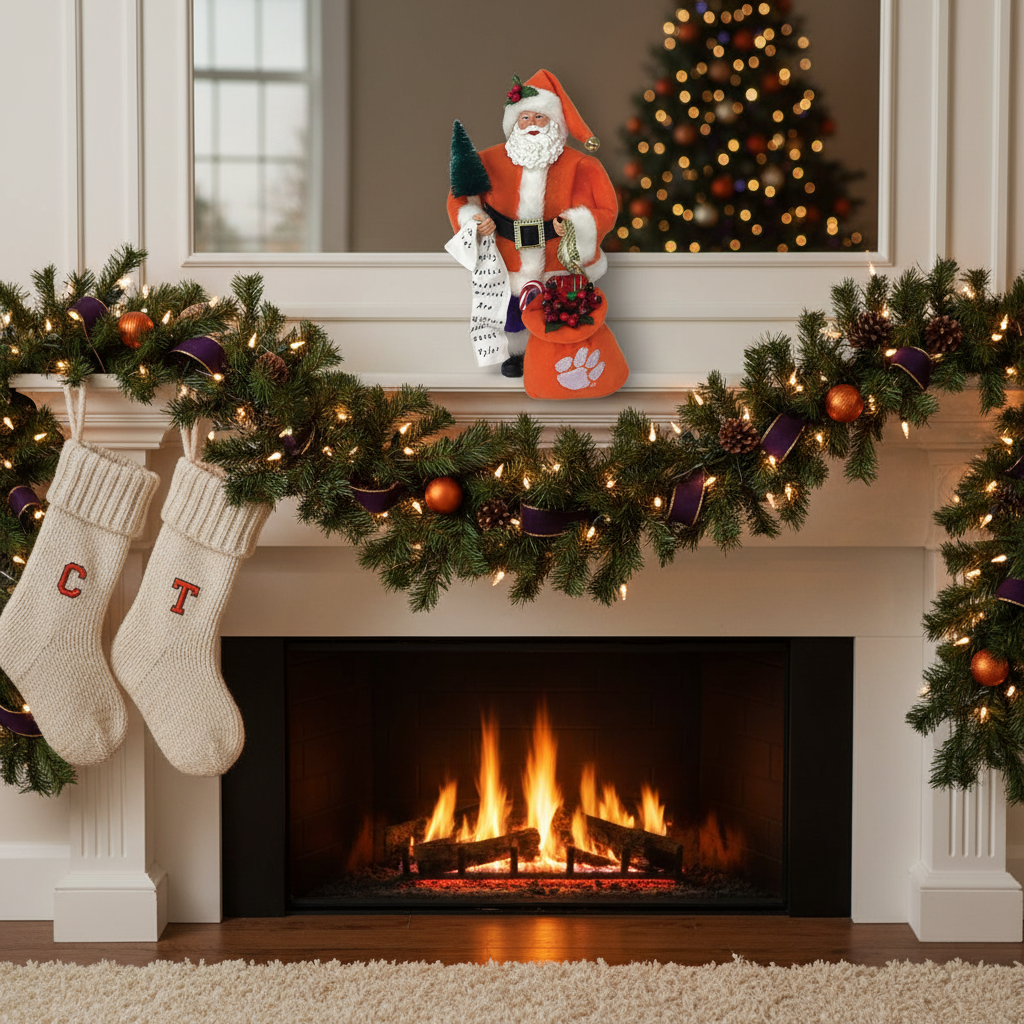 Gameday Clemson Santa with Toy Sack figurine displayed on a holiday mantel with pine garland and warm string lights