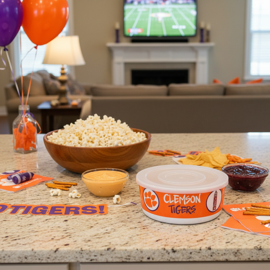 MaGNOLIA LANE Clemson Tigers orange and purple melamine bowls with lids displayed on a kitchen counter with game day snacks"