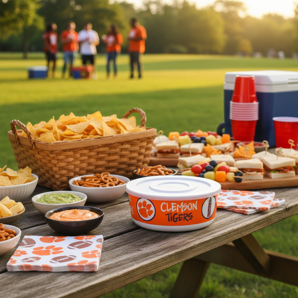 Clemson Tigers Magnolia Brand melamine bowl set with lids styled on a tailgate spread with chips and dips, orange and purple Gameday design"
