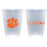 Two frosted plastic cups with Clemson University logo on a white background