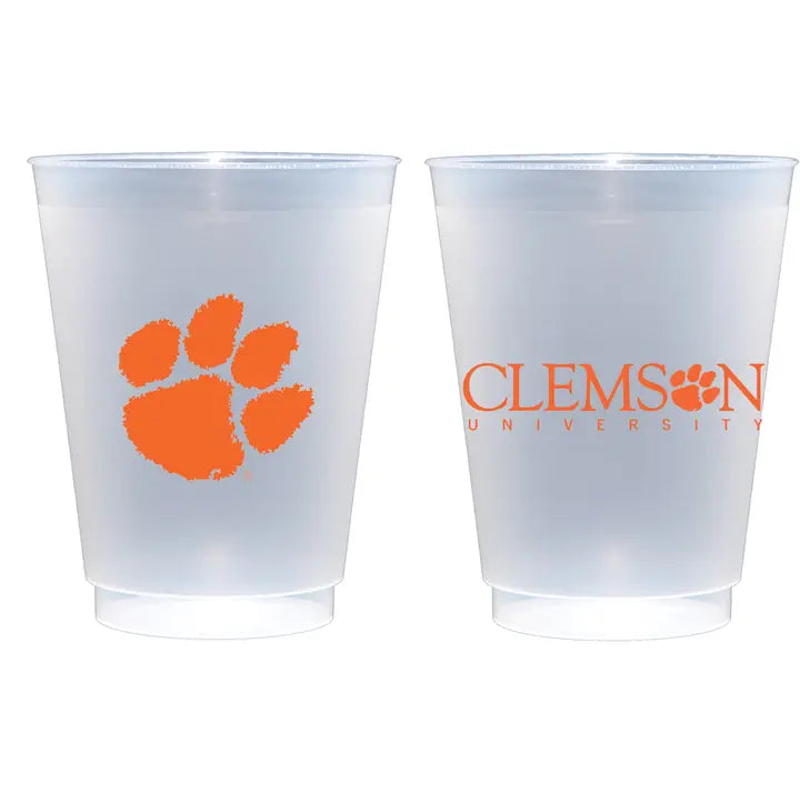 Two frosted plastic cups with Clemson University logo on a white background