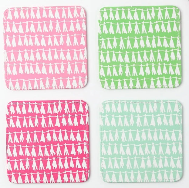 Coasters - Leather - Cocktail - Set of 4 - different colors with tassel print on back of each coaster - white background 