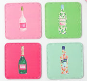 Coasters - Leather - Cocktail - Set of 4 - different bottle of wine art on each coaster - white background 