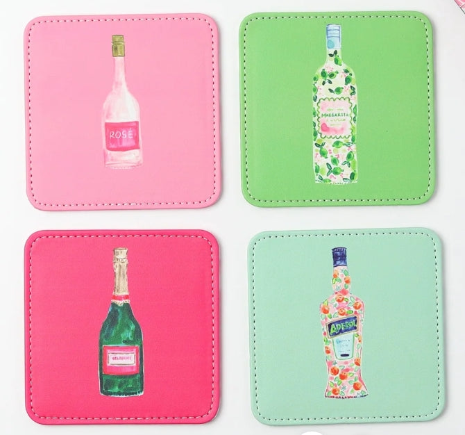 Coasters - Leather - Cocktail - Set of 4 - different bottle of wine art on each coaster - white background 