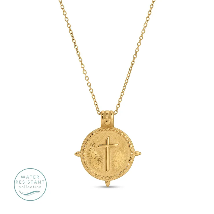 Jewelry - Necklace - Cross on Round Pendant - Gold