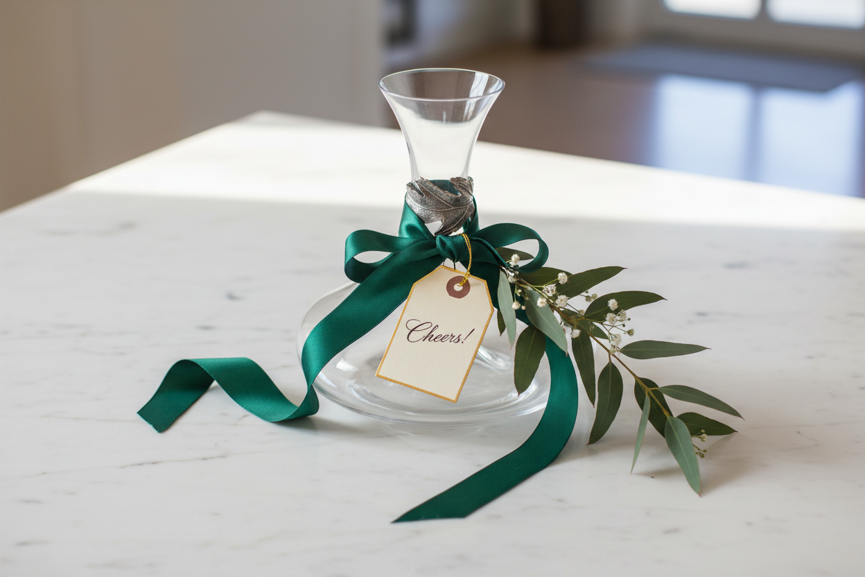 "Menagerie crystal wine decanter presented as a gift on marble surface with ribbon and greenery, elegant housewarming or holiday gift idea"