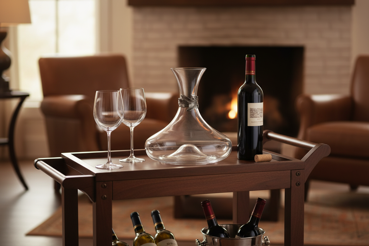 Menagerie crystal wine decanter with artichoke leaf detail styled on a dark walnut bar cart with red wine bottle and crystal glasses"