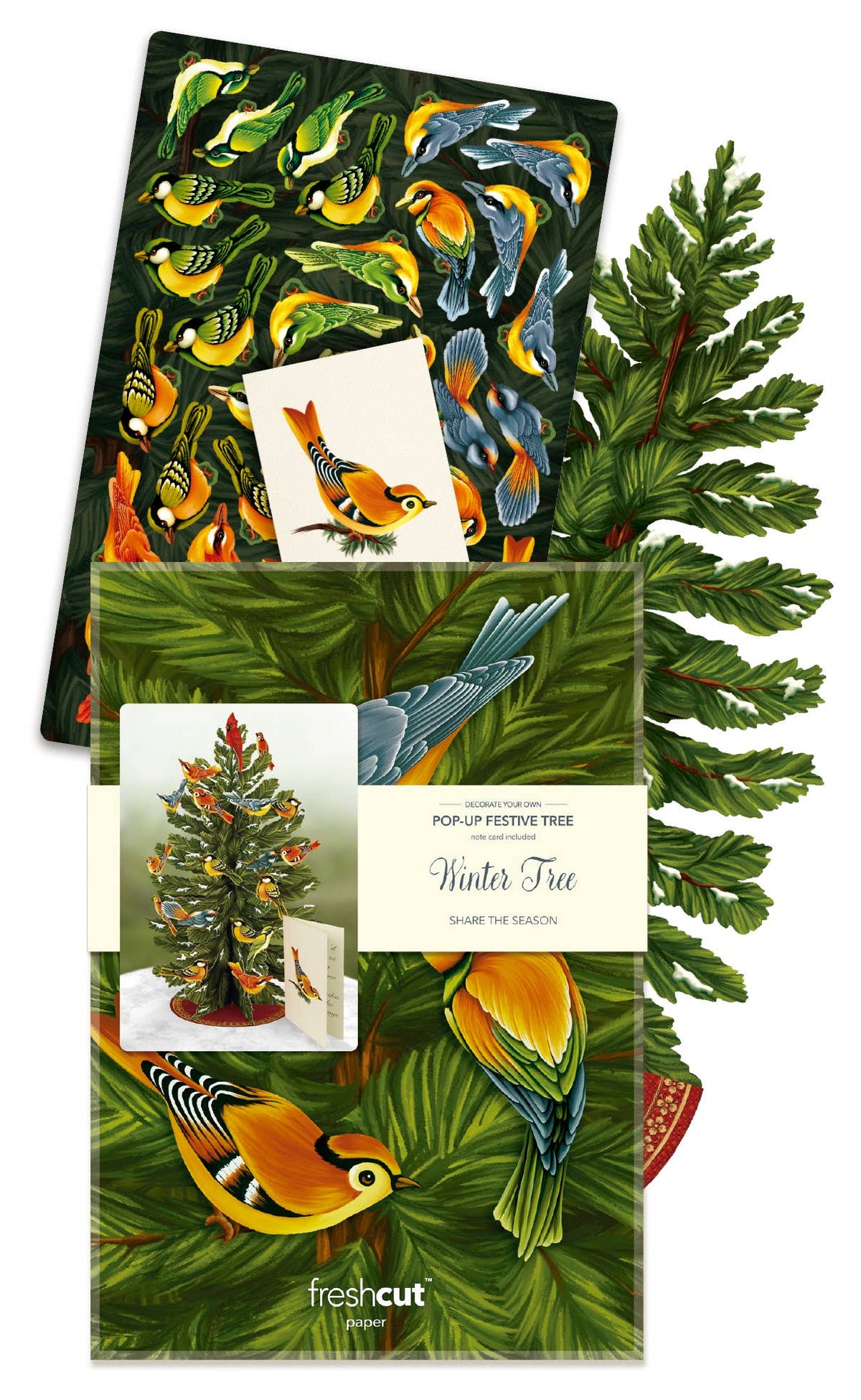 Christmas-themed card with birds and a pop-up tree, featuring the brand 'freshcut'.