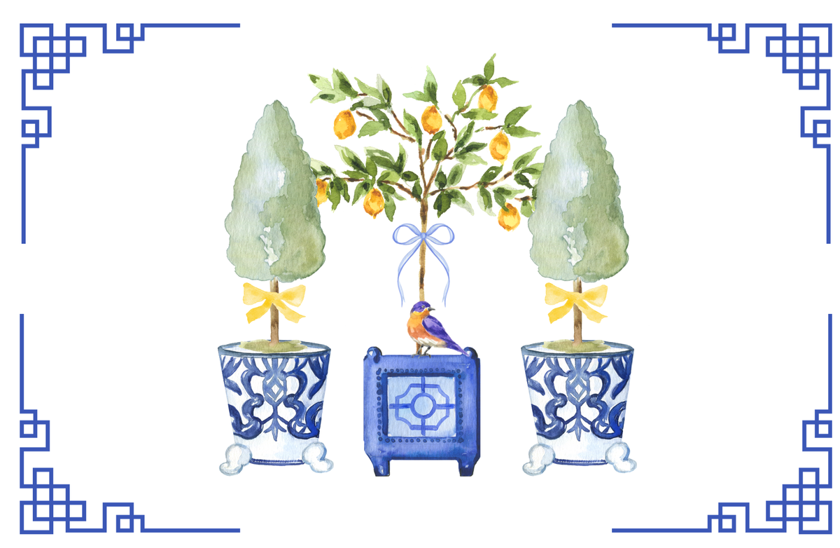 Decorative illustration of potted trees with blue pots on a white background