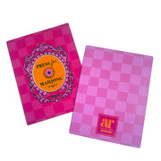 Two pink mahjong shuffle cards with a checkerboard pattern, one showing the front with an orange and black 'PRESS MAHJONG' label and the other showing the back with a pink 'ar mahjong' logo, on a white background.