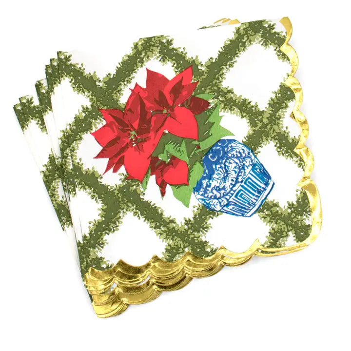 Seasonal - Napkin - Cocktail - Poinsettias with a green trellis backdrop and chinoiserie pot design.  Napkins have a gold scalloped edge. 