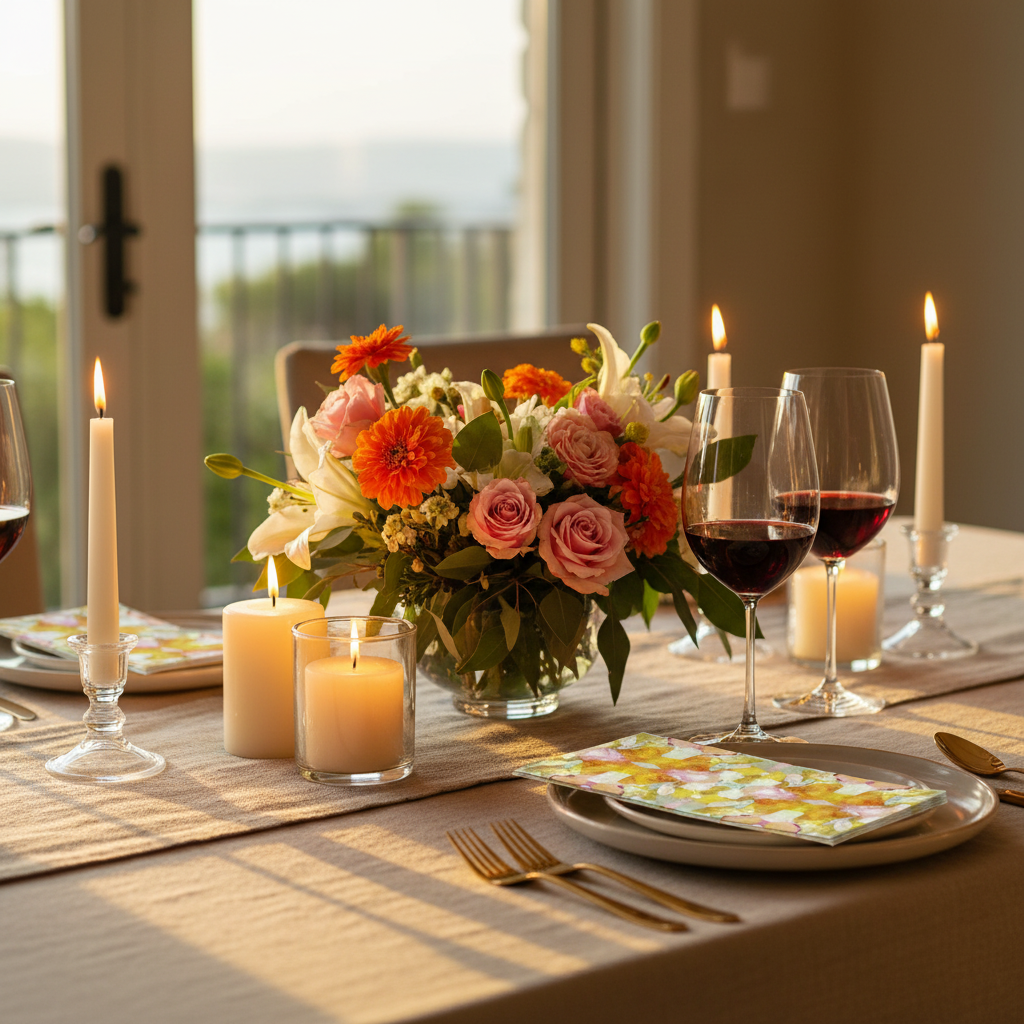 Laura park Marigold Dinner napkins on table with flowers and table settings