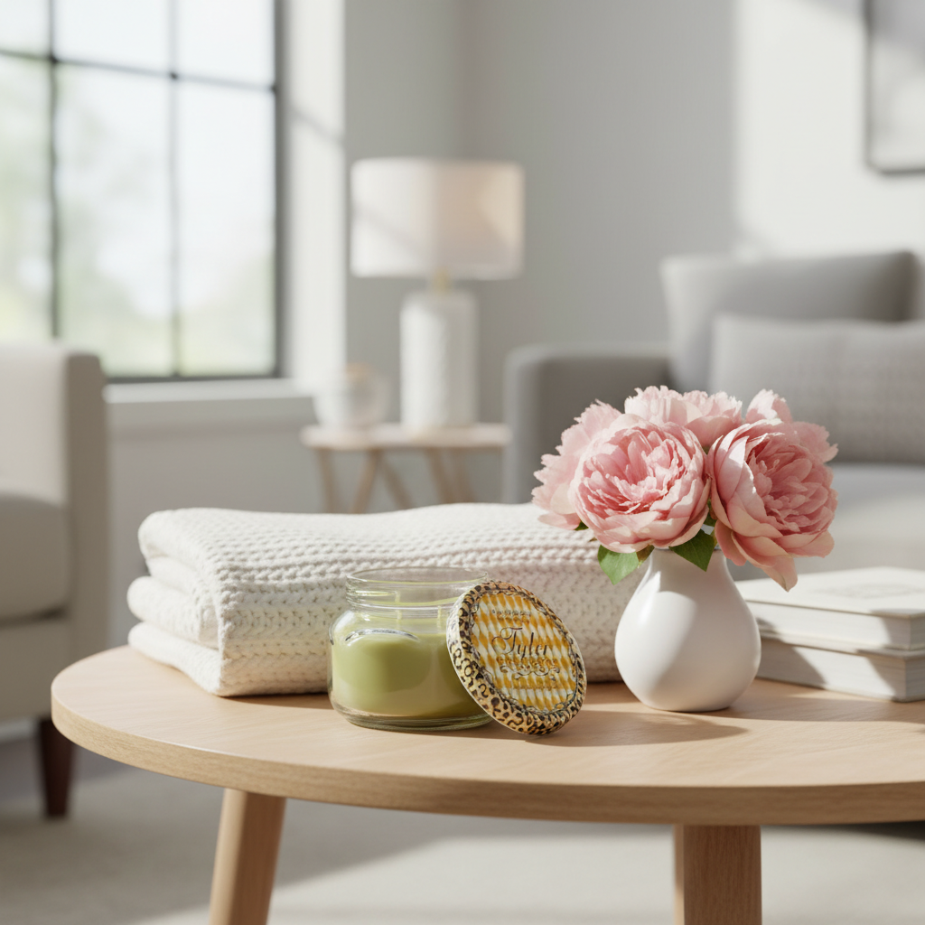 Tyler Candle Company Diva 11 oz two-wick scented candle with cream wax  lid styled on a living-room coffee table beside folded blankets and blush flowers