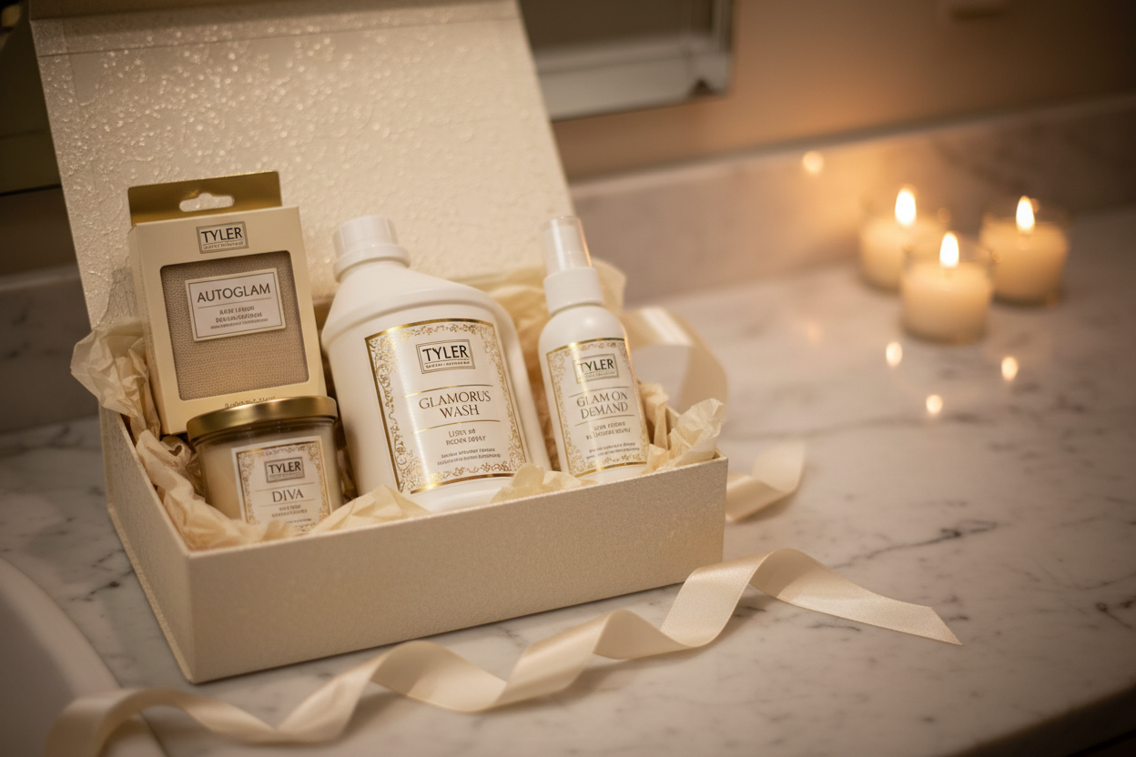 Diva Gift Box Lifestyle of proucts in a box on marble table with soft candles