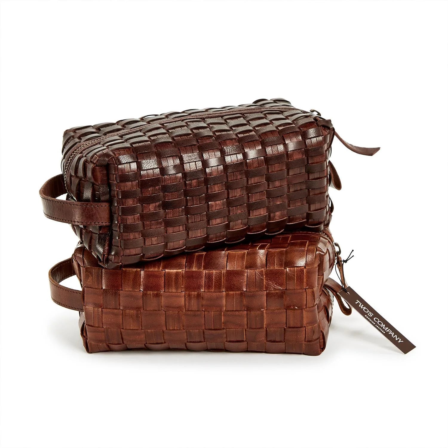 Woven Leather Dopp Kit for Men - Dark Brown