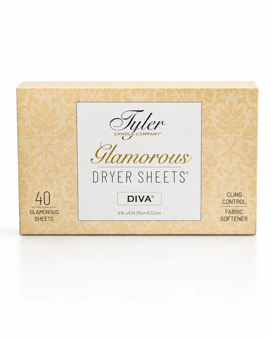 Tyler Candle Company Diva Glamorous Dryer Sheets box of 40, gold textured packaging with white label, cling control and fabric softener