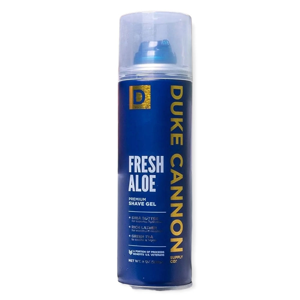 Duke Cannon Fresh Aloe shave gel can on a white background