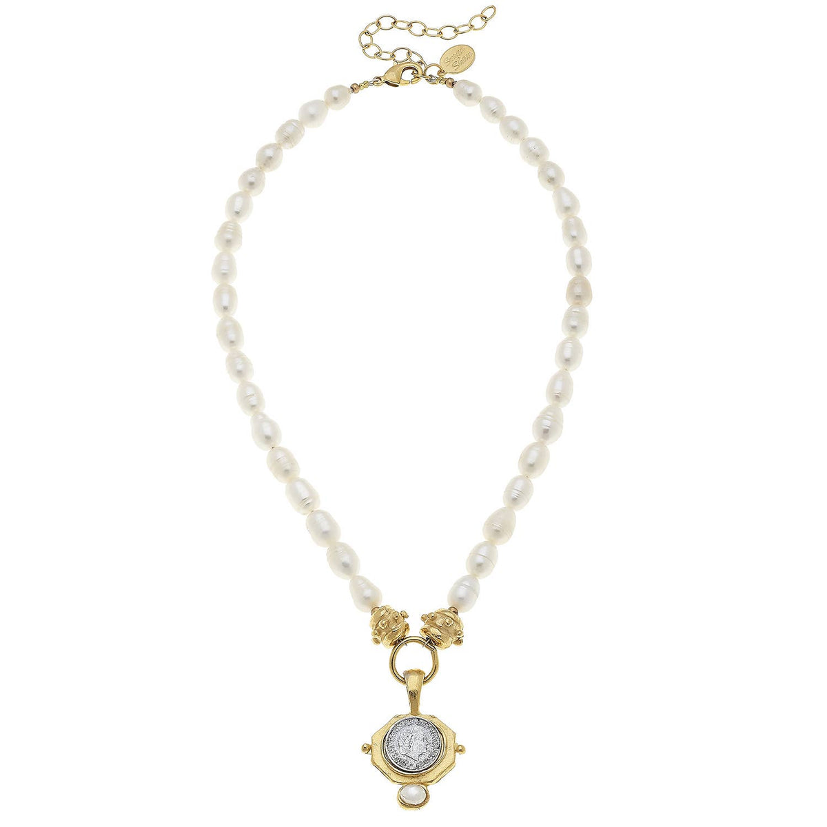Gold and Silver Coin with Hand set Pearls on Genuine Freshwater Pearl Necklace