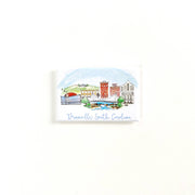 A small rectangular printed card or magnet featuring a watercolor illustration of the Brewhouse in Greensboro, South Carolina, with the text Greenville South Carolina' below, shown on a plain white background.