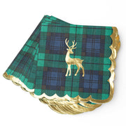 8 Oak Lane brand Green and blue tartan plaid cocktail napkins with gold scalloped edges and a gold deer design on a white background