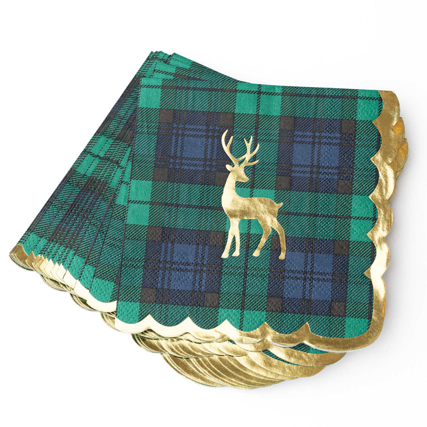 8 Oak Lane brand Green and blue tartan plaid cocktail napkins with gold scalloped edges and a gold deer design on a white background