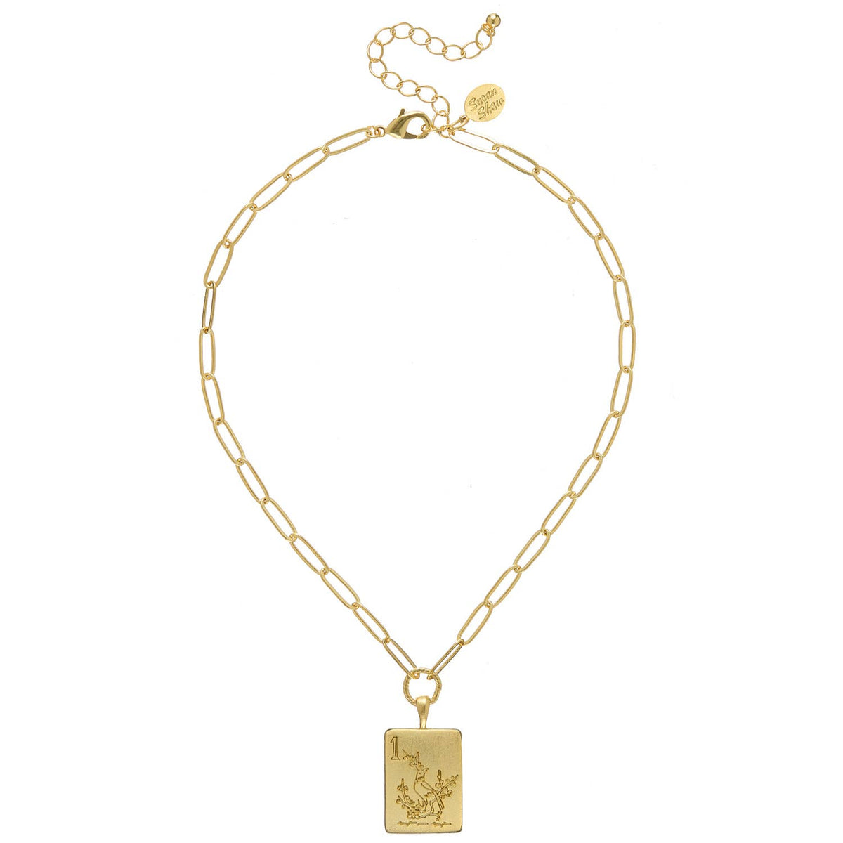 Gold chain necklace with a rectangular pendant on a white background