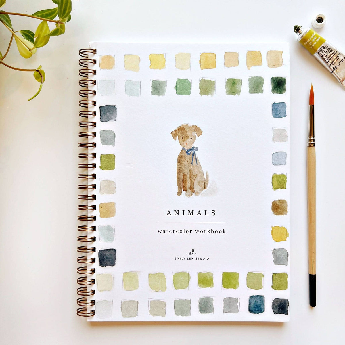Watercolor workbook titled 'Animals' with a dog illustration on a white surface.