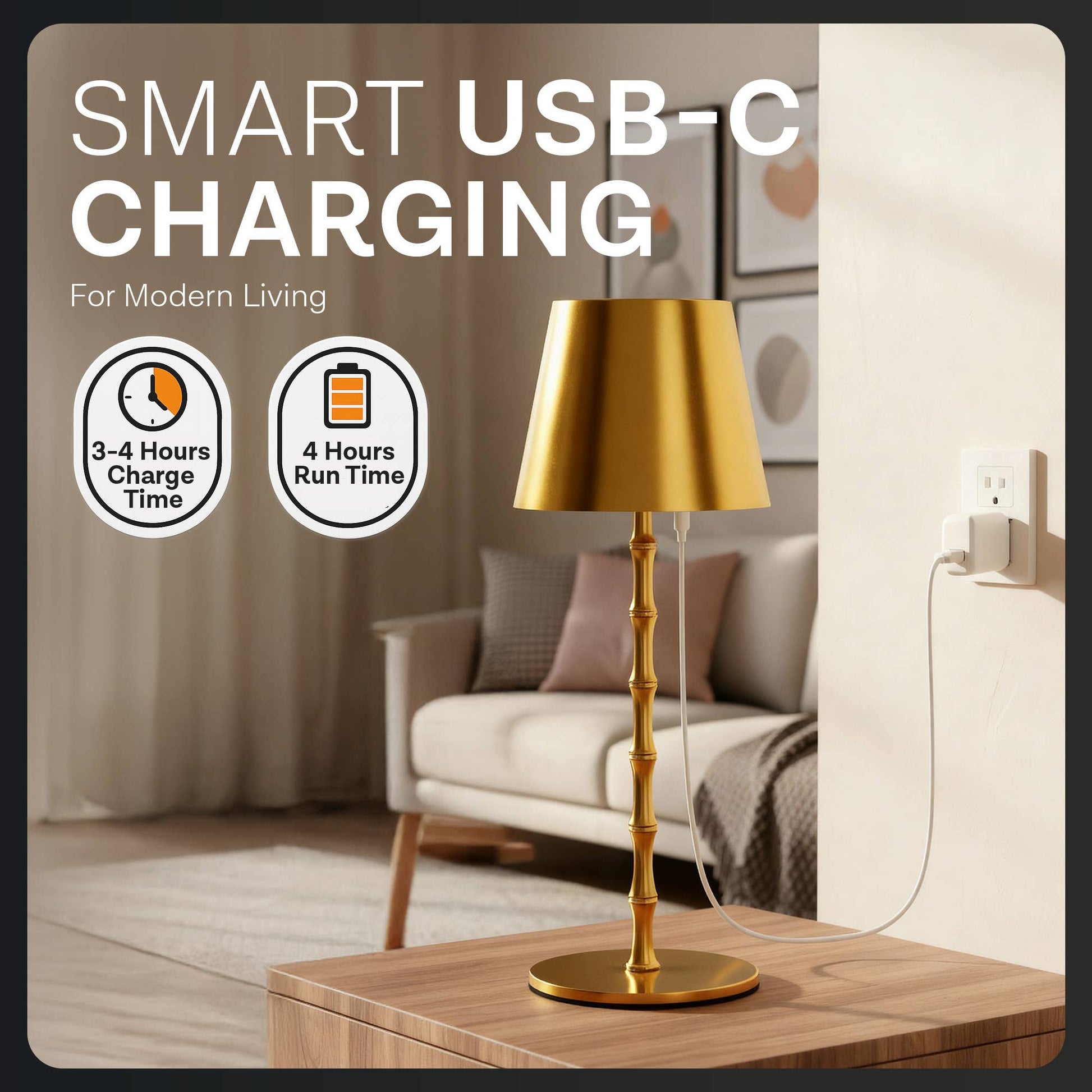 Bell and Howell Brand Gold lamp on a wooden table with smart USB-C charging text and icons in a living room setting.