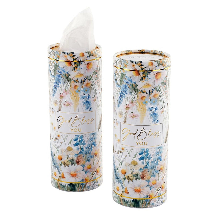 Tissue box with floral design and 'God Bless You' text on a white background