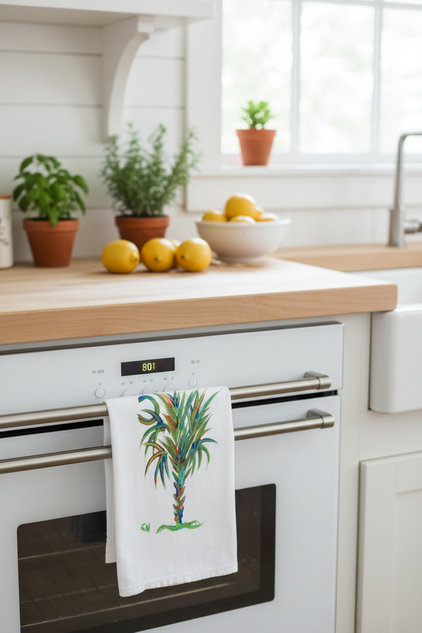 Calmettos Emerald Coast Kitchen Towel draped over an oven handle