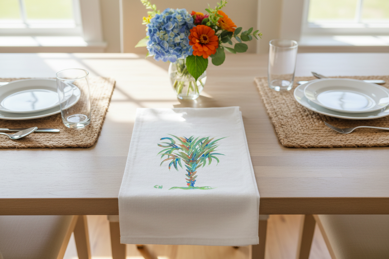 Calmettos Emerald Coast Kitchen Towel , white soft towel with palmettotree in greens and blues and orange laying on a wood table. 