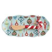 Seasonal - Serving Dish - Ornament Christmas Everything tray.  Blue background with various ornament design with a spreader that has a candy cane shaped handle. 