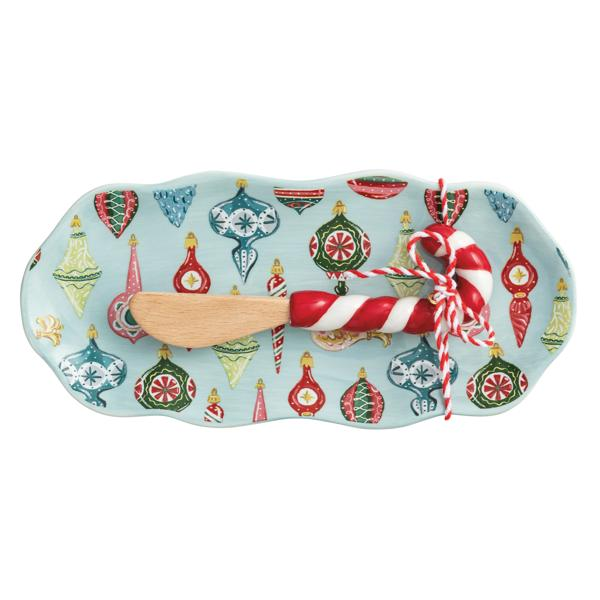 Seasonal - Serving Dish - Ornament Christmas Everything tray.  Blue background with various ornament design with a spreader that has a candy cane shaped handle. 