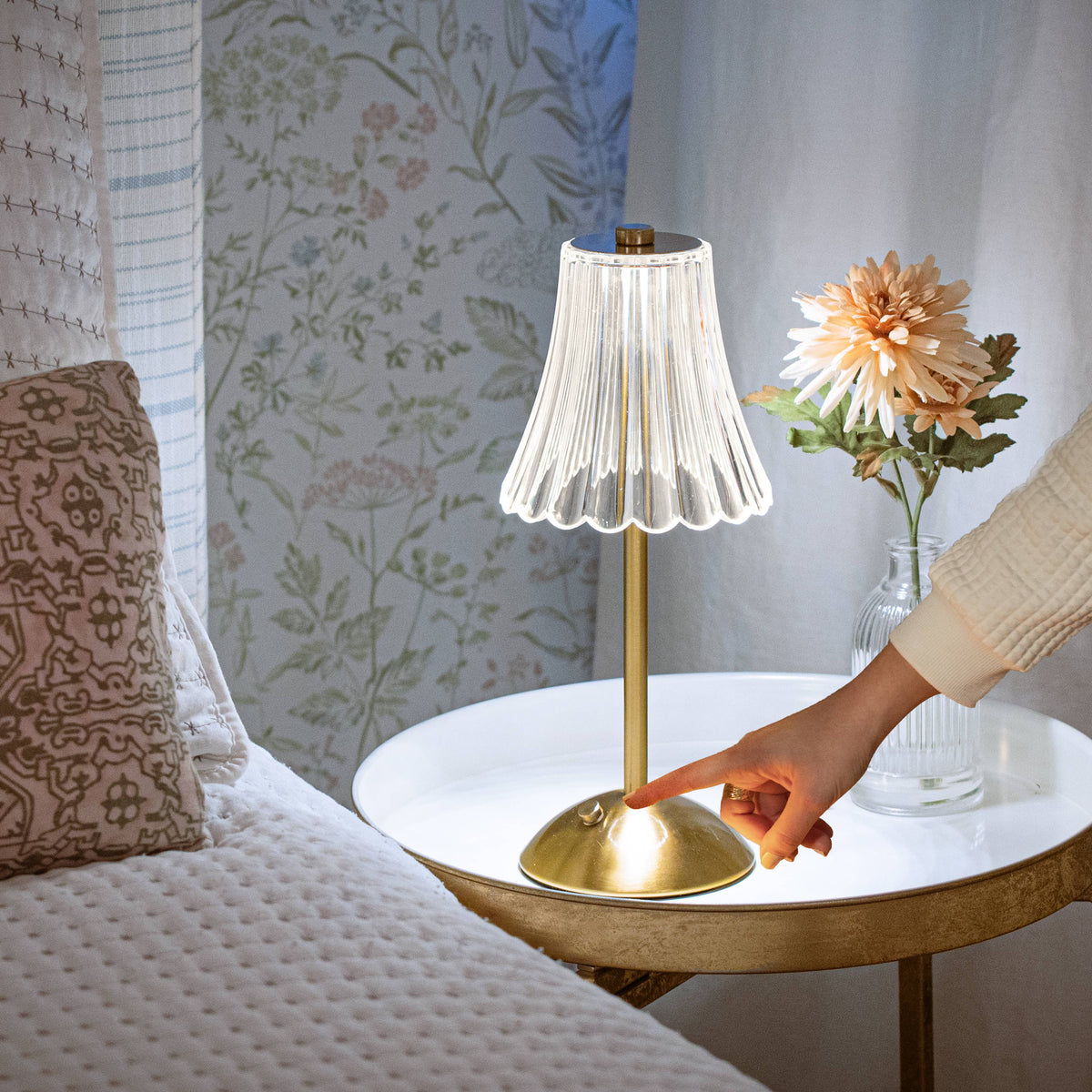 Brushed Gold Faux Crystal Cordless Table Lamp - Small Rechargeable Touch LED Accent Light for Bedroom, Desk & Nightstand