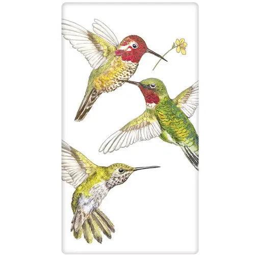 A Tea Towel with Three colorful hummingbirds on a white background