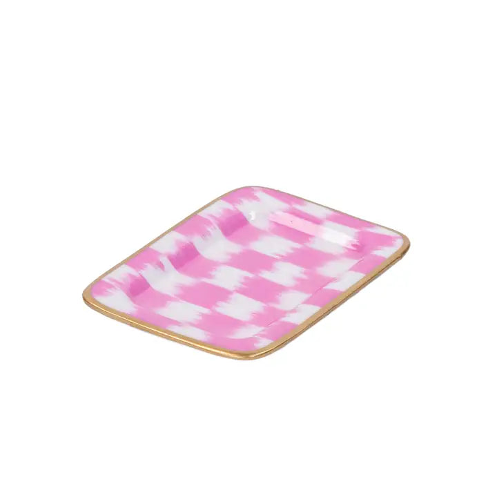 Rectangular tray with pink and white abstract pattern on a white background