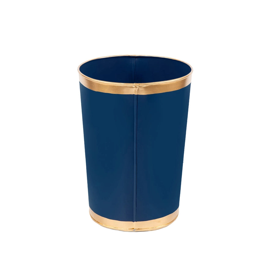 Blue trash can with gold rim on a white background