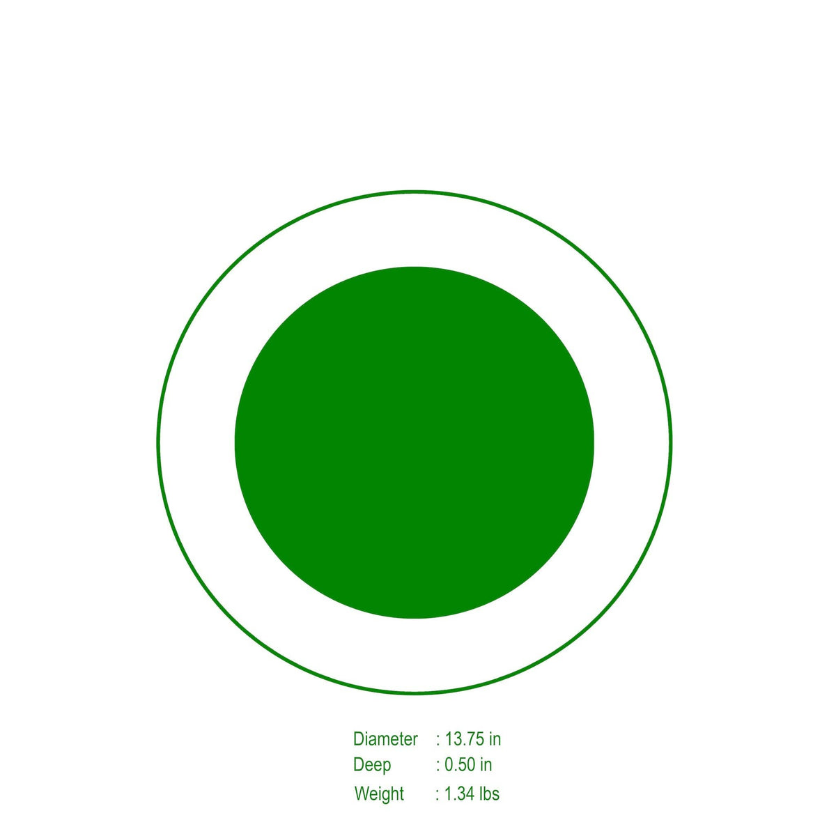 A green circular product diagram on a white background, with a solid green center, a thin green outer ring, and small text below listing diameter 13.75 in, depth 0.