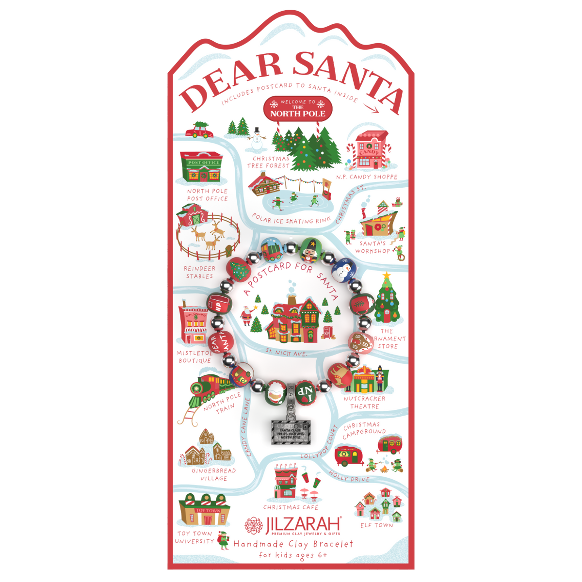 Handmade Clay Bead Stretch Bracelet - Dear Santa Kids Christmas Bracelet with Postcard