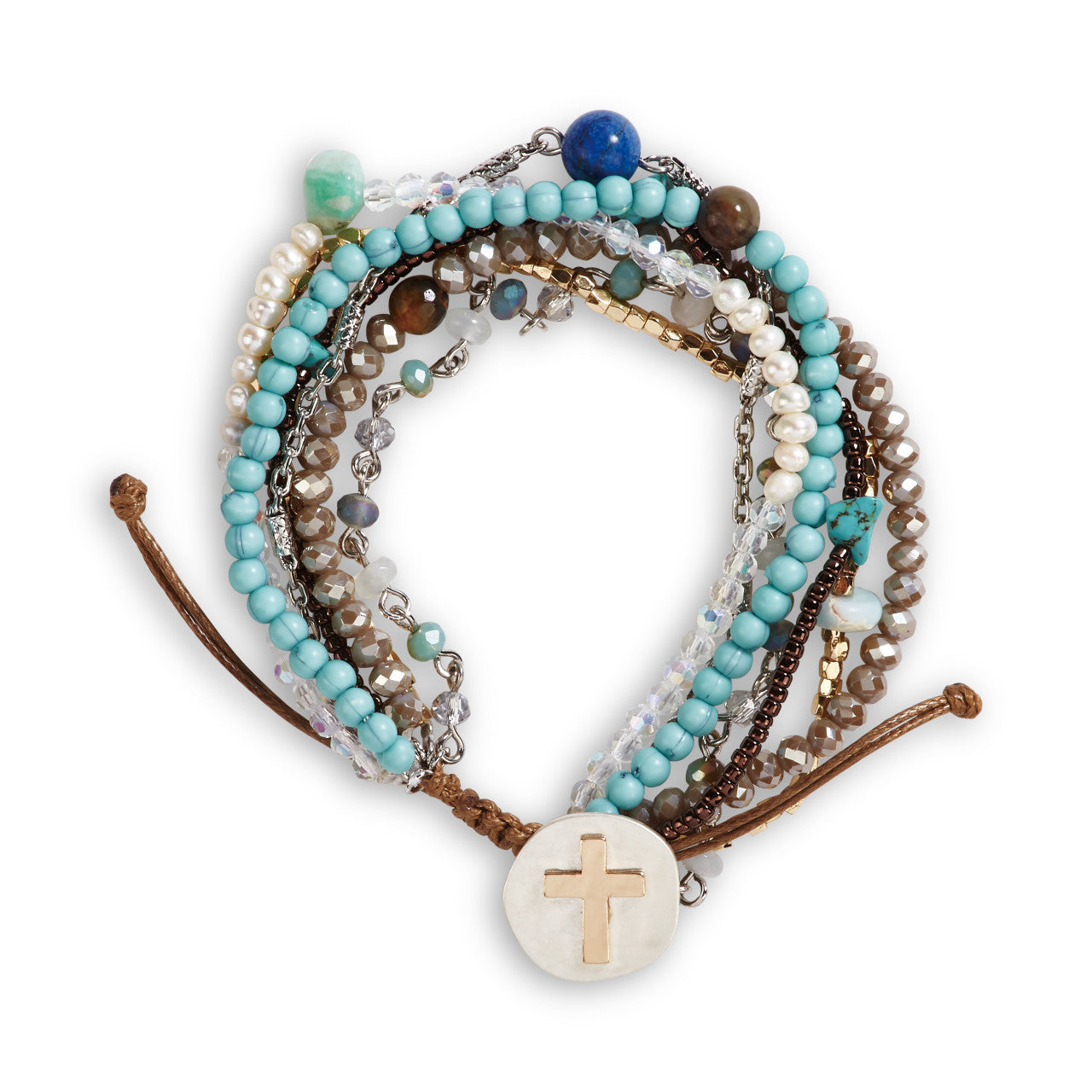Multistrand bracelet with turquoise beads and a cross charm on a white background