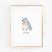 Framed artwork of a blue bird on a white background