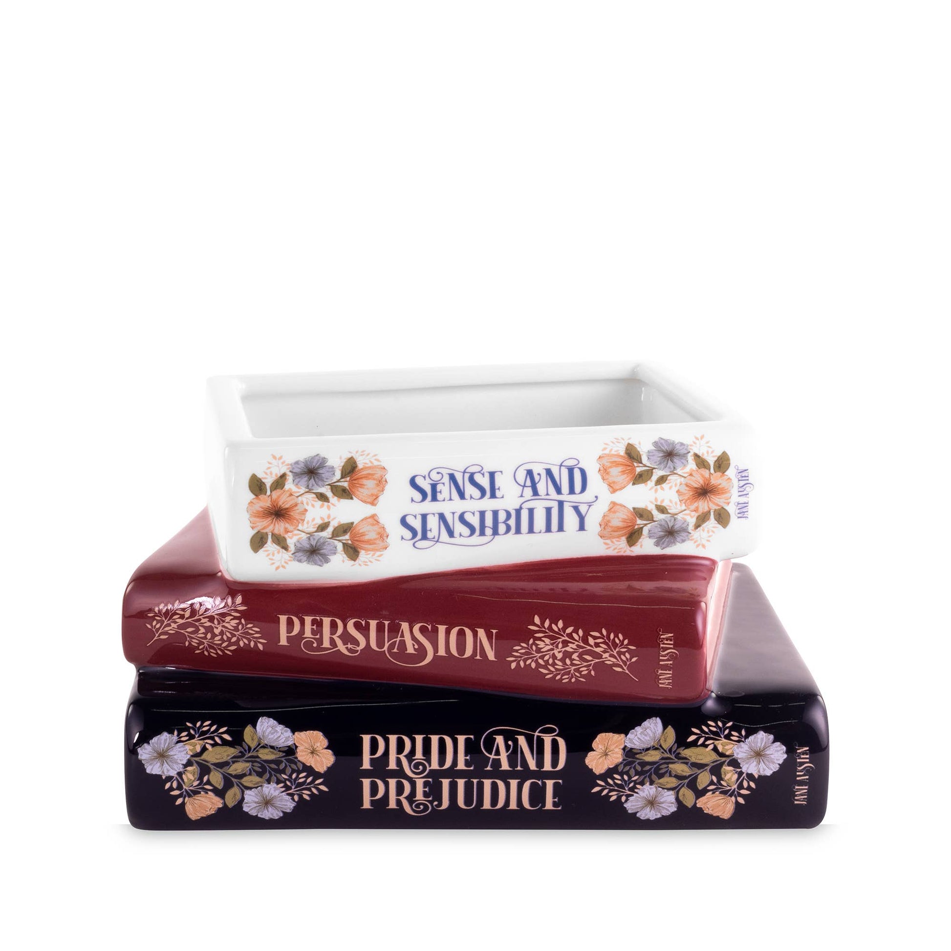 Steel Mill brand 3 stack book decorative vase/planter with Jane Austen titles 'Pride and Prejudice', 'Persuasion', and 'Sense and Sensibility' with floral designs on a white background.