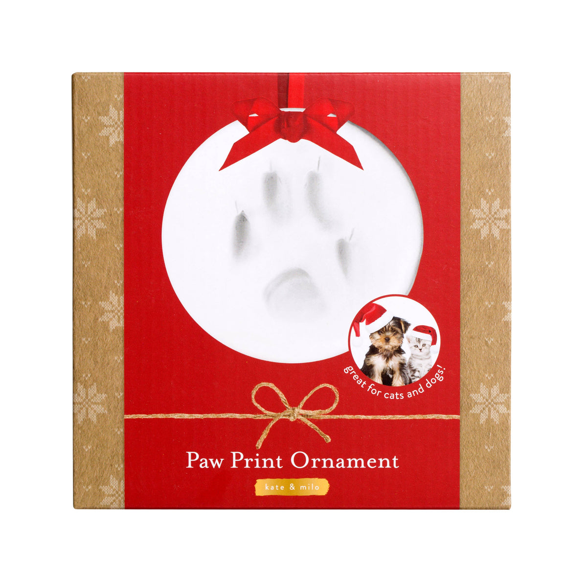 A personalized Paw Print Ornament in its retail packaging. The product is a white circular ornament featuring a custom paw print, presented inside a festive red and gold gift box with a red ribbon and a small circular graphic showing a dog and cat.