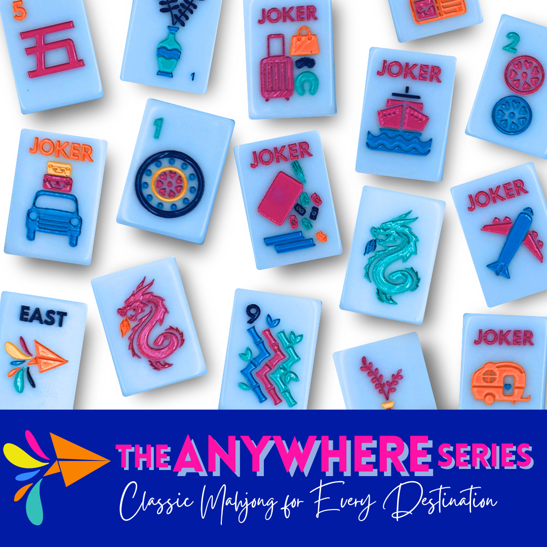 Collection of colorful My Fair Mahjong Brand mahjong tiles with 'Joker' and various symbols on a white background, featuring 'The Anywhere Series' branding.